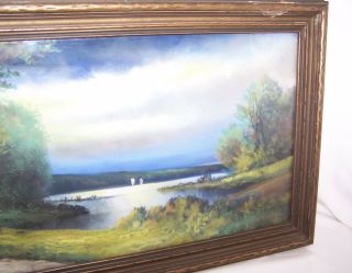 Vintage A.  Gunderson Pastel Chalk Painting Campfire by the Lake 6