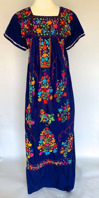 Vintage Mexican Oaxacan Embroidered Cotton Maxi Festival Dress Boho Hippie M/l