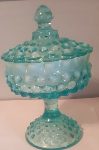 Vintage Fenton Turquoise Hobnail Milk Glass Wedding Pedastal Candy Dish Compote