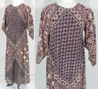 Vtg 70s Indian Cotton Block Print Angel Sleeve Caftan Maxi Dress M India Kaiser