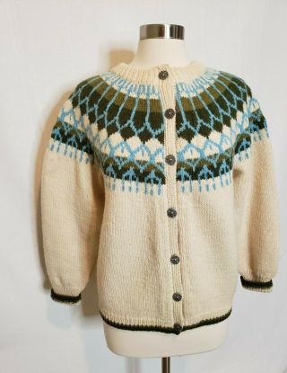 Womens Vintage 100 Wool Fair Isle Cardigan Sweater Norse Knit In Norway