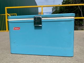 Vintage - Coleman " Turquoise Blue " Metal Cooler With Chrome Latch & Handles