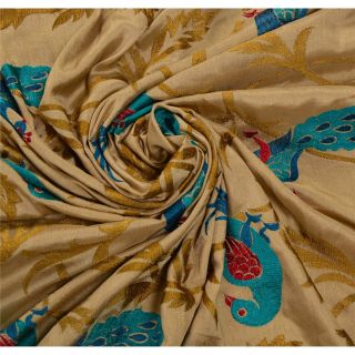Sanskriti Vintage Golden Heavy Saree Art Silk Craft 5 Yd Fabric Embroidered Sari 5