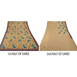 Sanskriti Vintage Golden Heavy Saree Art Silk Craft 5 Yd Fabric Embroidered Sari 7