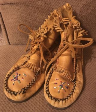 Vintage/old Hand Beaded Moccasins Rawhide Leather Native American Hard Sole