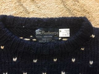 Men ' s Vintage Burberry Scotland 100 Wool Christmas Blue Red Handmade Sweater M 3