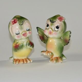 Vintage Anthropomorphic Green Bird Birds Salt And Pepper Shakers Japan Retro