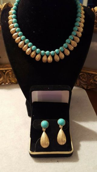 Vintage Trifari Egyptian Revival Faux Turquoise & Gold Tone Necklace & Earrings