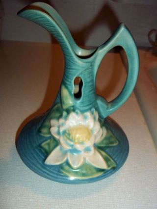 Vintage Roseville Pottery Ewer Pitcher,  Water Lily,  Blue/green,  10 - 6 "