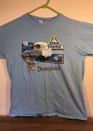 Vtg 1986 80s Disneyland Disney Star Tours T - Shirt Star Wars Blue Sz Xl Usa Made