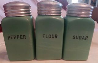 Vintage Mckee Fired On Green Shakers Pepper,  Sugar,  Flour