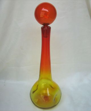 Vintage 1960s Blenko 638 - M Tangerine Pinched Decanter W/ Bubble Stopper Husted