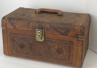 Vintage Hand Tooled Brown Leather Train Case Luggage With Tray Stunning Piece