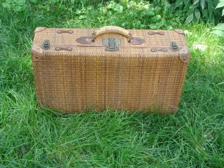Antique Wicker Suitcase W Fabric Lining 1920 