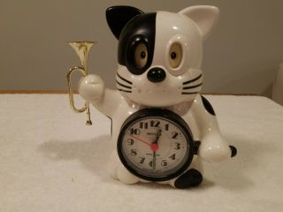 Vintage Rhythm Japan Clock Black White Cat Rise And Shine W/ Trumpet Very Rare