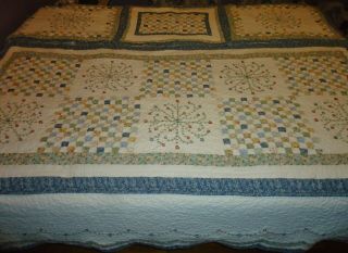 Vtg Daybed Set Floral Patchwork Quilt - Pillow Shams - Dust Ruffle Set Blue Beauty