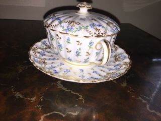 Vintage Spode Copeland,  TIFFANY & Co white Floral Gold cream soup & Saucer W/lid 2