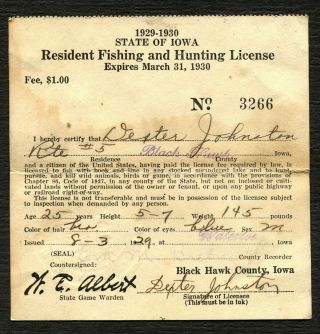 1929 - Black Hawk County Iowa - Resident Hunting Fish License - Dexter Johnston