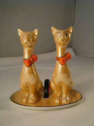 Vintage Japan Luster Cat Salt Pepper Shaker Tray Set - Noritake Style - Rare 2