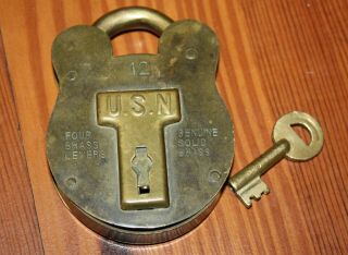 Vintage U.  S.  Navy Solid Brass Lock With Key Four Levers