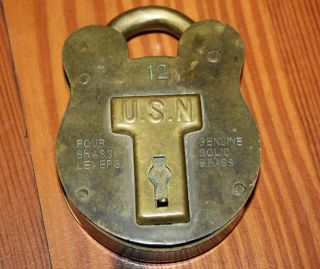 Vintage U.  S.  Navy Solid Brass Lock with Key Four Levers 2