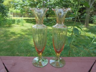 Pair Antique Vintage Depression Glass Pink & Green Watermelon Bud Vases