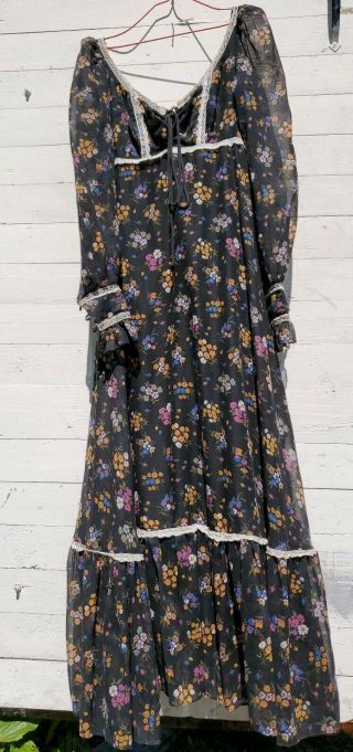 Vintage Gunne Sax Black Gloral Cotton Dress Bohemian Prairie Small Full Length