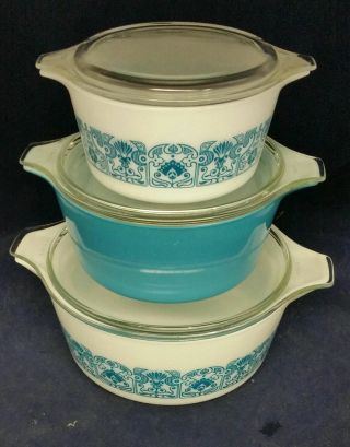 Pyrex Vintage Blue Horizon Casserole Dishes 471 472 473 Bowls W/lids
