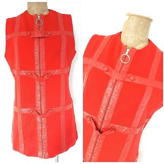 Vintage 60s Space Age Mod Twiggy Mini Dress Size Medium Wool Red Zip Up