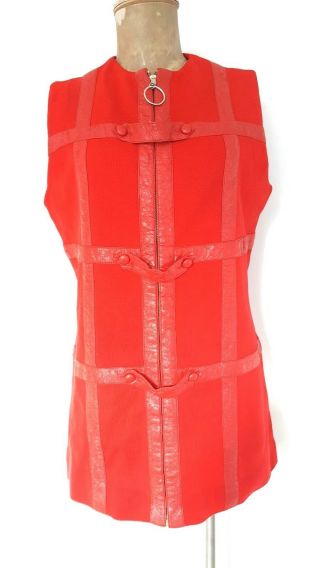Vintage 60s Space Age MOD Twiggy Mini Dress Size Medium Wool Red Zip Up 2