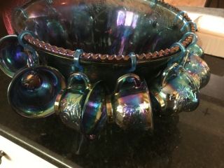 Vtg Green Iridescent Carnival Glass Harvest Grape Indiana Punch Bowl And Cups