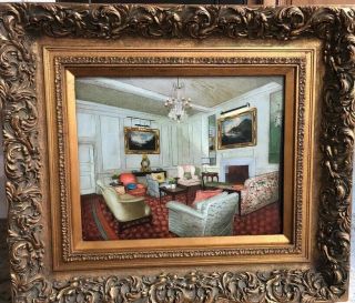 Vintage Interior Sitting Room Scene Oil Painting And Frame 31x27