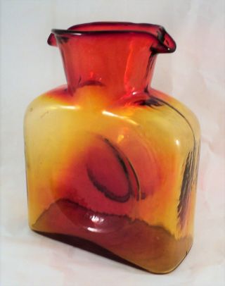 Vintage Blenko Sunset Orange Yellow Glass Double Spout Pitcher Decanter Carafe