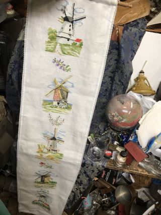 Windmills Handmade Embroidered Cross Stitch Vintage Delft Holland 54 X 13 "