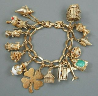 Vintage Signed Monet Loaded Chunky Charm Bracelet 15 Charms Dogs Chest Animals