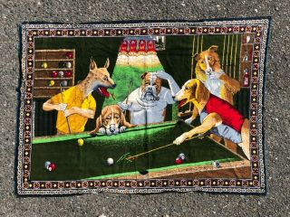 Vintage Dogs Playing Pool Felt Tapestry Wall Hanging Large 52x37 " Man Cave Decor