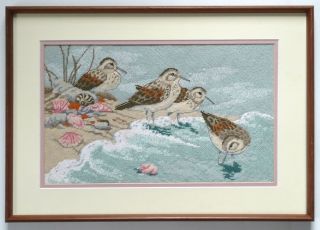 Vintage Sandpipers Bird Needlepoint Embroidery Unique & Hand Made & Framed