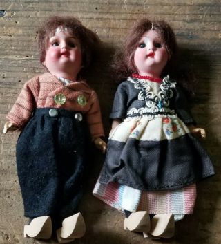 Rare Antique Dutch German Bisque Dolls 6 " Boy Girl Pair 5 Piece Composition Body