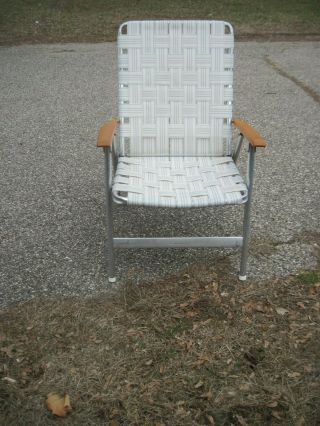 Vintage Webbed Aluminum Lawn Chair Wood Arms