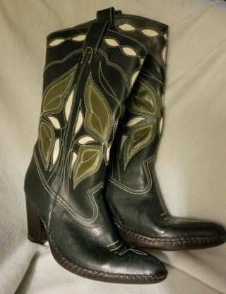 Vintage Frye Boots 9 Mid Calf Stacked Heel Western Cowboy Black Green Leather