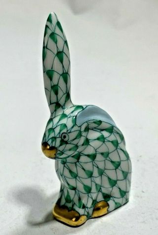 Vintage Green Fishnet Herend Small One Ear Up Porcelain Bunny Rabbit
