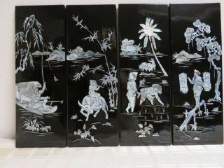 4 Vintage Black Lacquer Chinese Oriental Abalone Wall Art Panels 15x5 Smaller