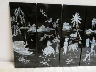 4 Vintage Black Lacquer Chinese Oriental Abalone Wall Art Panels 15x5 Smaller 2