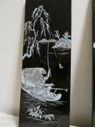 4 Vintage Black Lacquer Chinese Oriental Abalone Wall Art Panels 15x5 Smaller 3