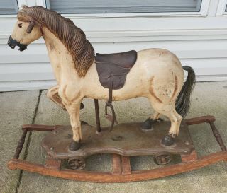 Vintage Child Size Wood Carved Rocking Horse Leather Saddle Glass Eyes