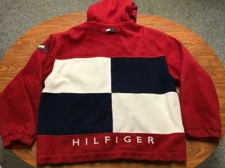 Mens Vintage Tommy Hilfiger Full Zip Red Hooded Flag Fleece Jacket Size Xl