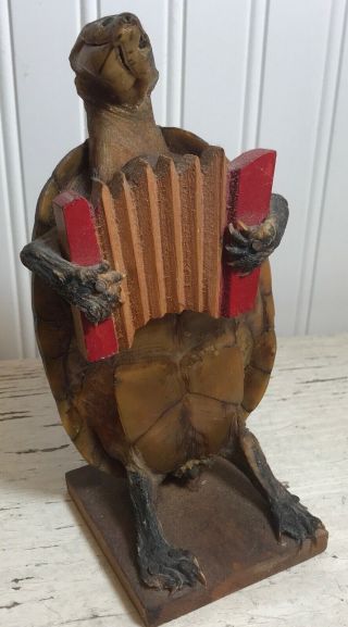 Vintage Taxidermy Turtle Playing Accordian 7 3/4  On Wood Base