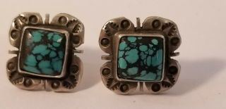 Vintage Navajo Sterling Silver Spider Web Turquoise Earrings Signed S/