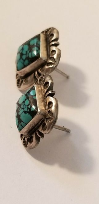 VINTAGE NAVAJO STERLING SILVER SPIDER WEB TURQUOISE EARRINGS SIGNED S/ 3