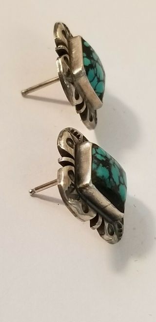 VINTAGE NAVAJO STERLING SILVER SPIDER WEB TURQUOISE EARRINGS SIGNED S/ 4